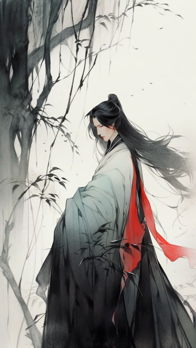 黑色中国风男生插画手机壁纸 模板ID：66231