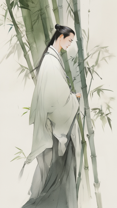 绿色中国风男生插画手机壁纸 模板ID：66229
