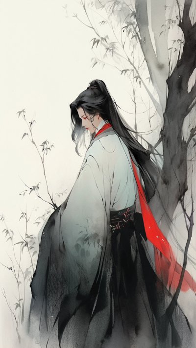 黑色中国风男生插画手机壁纸 模板ID：66230