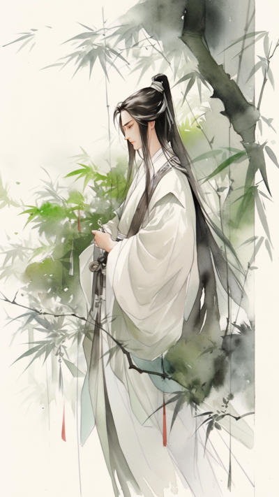 绿色中国风男生插画手机壁纸 模板ID：66228
