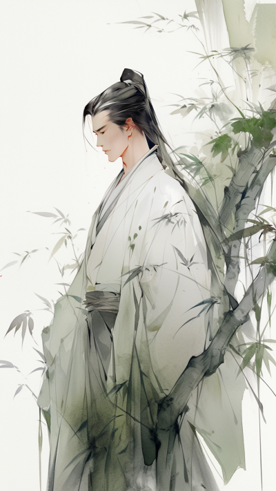 绿色中国风男生插画手机壁纸 模板ID:66223