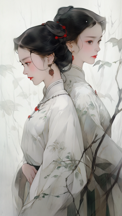 绿色中国风女生手机壁纸 模板ID：66207
