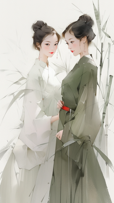 绿色中国风女生手机壁纸 模板ID：66204