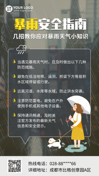 暴雨预警注意事项指南海报 模板ID：67644