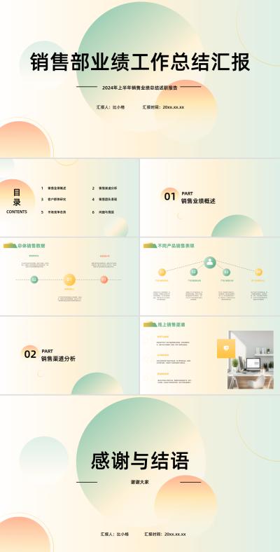 简约渐变销售部业绩工作总结PPT 模板ID:67925