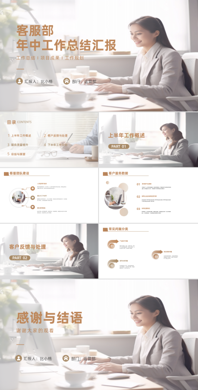 商务实景客服部年中工作总结汇报PPT 模板ID：68007