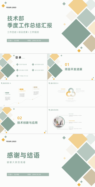 商务实景技术部季度工作总结汇报PPT 模板ID:68008