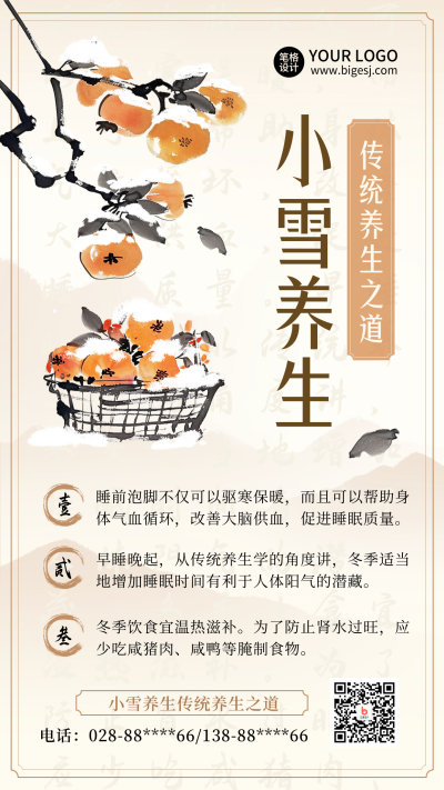 小雪节气柿子手绘养生冬季海报 模板ID：71817
