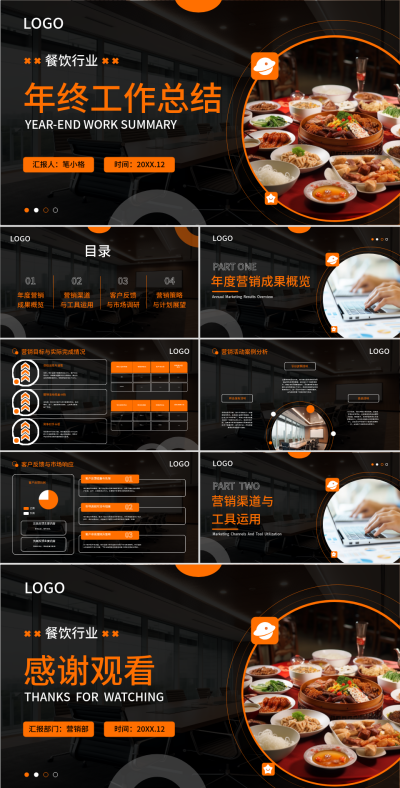 橙色商务风餐饮行业年终工作总结PPT 模板ID:73127