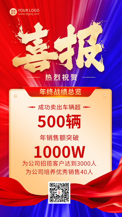 年终喜报业绩冲刺表彰渐变海报 模板ID：73374