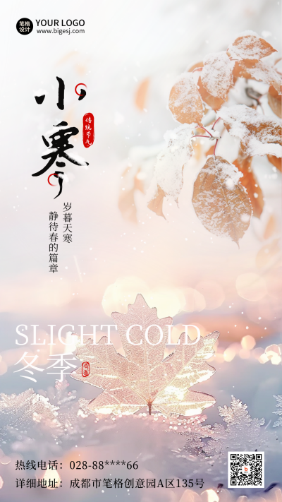 小寒节气冬季霜雪树叶实景海报 模板ID:73814