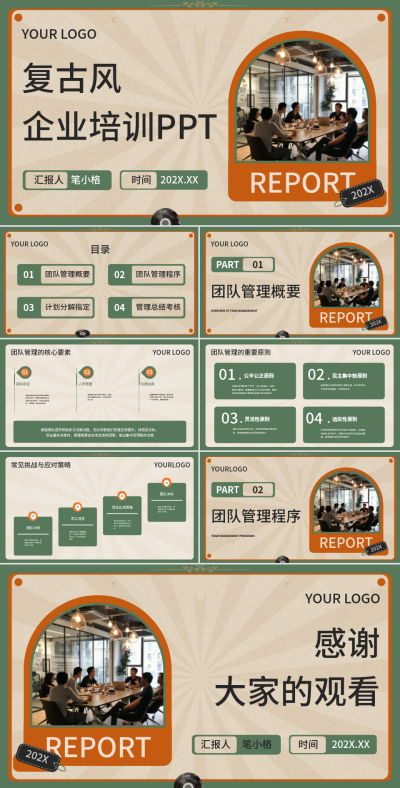 棕绿色复古风企业培训PPT 模板ID：75542