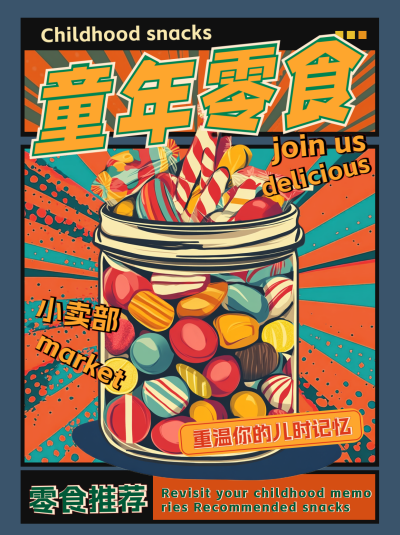 复古风童年零食推荐小红书封面 模板ID：759877