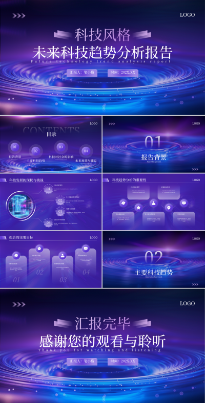 紫色科技风未来科技趋势分析报告PPT 模板ID:760547