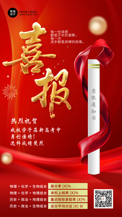 高考喜报祝福宣传红色大气海报 模板ID：762428