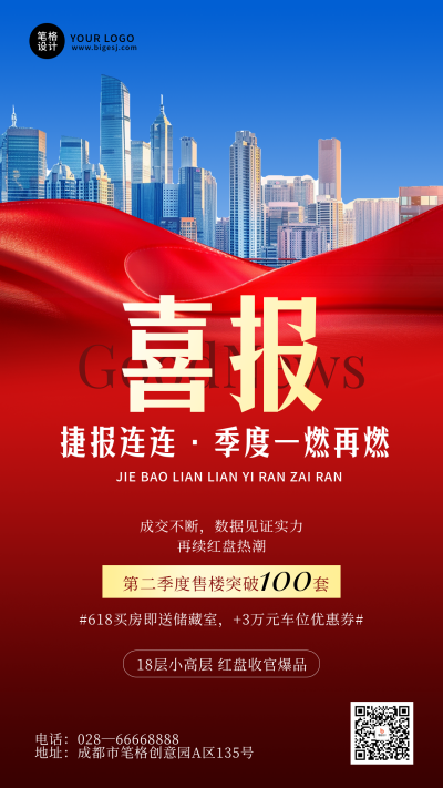 房地产喜报红色大气宣传海报 模板ID：762409