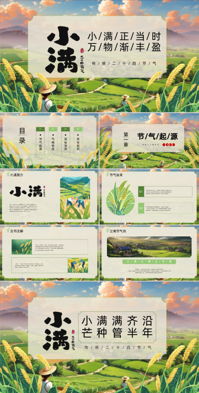 绿色手绘风小满节气习俗介绍PPT模板 模板ID：762996