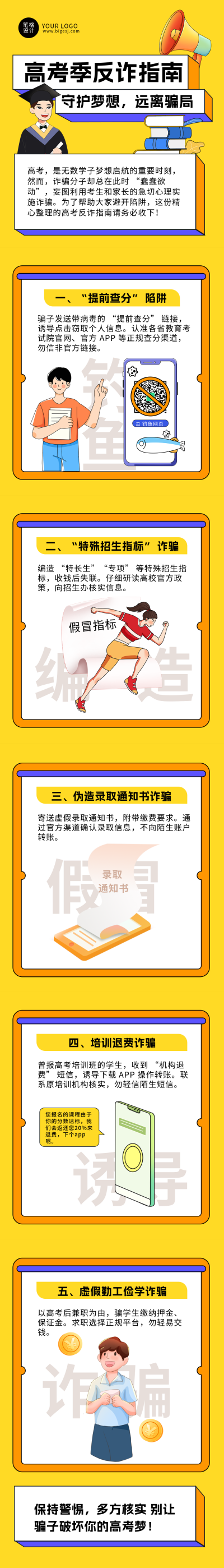 高考毕业季反诈指南手绘宣传公众号长图 模板ID:763386