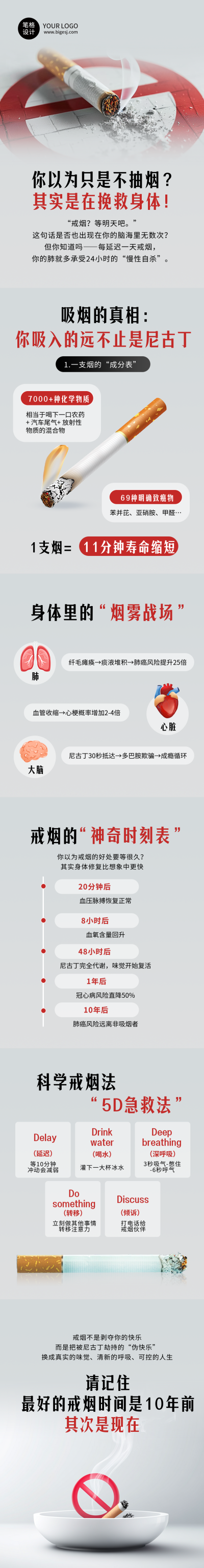 世界无烟日戒烟科普简约灰色公众号长图 模板ID:764057