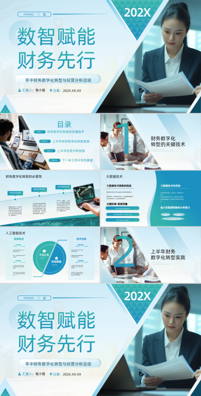 蓝绿色商务风2025年中财务年中总结PPT 模板ID：764718