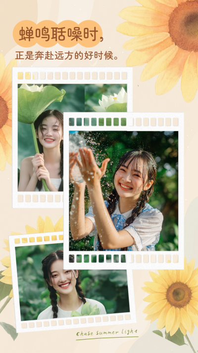 夏日女生写真三宫格拼图 模板ID:765238