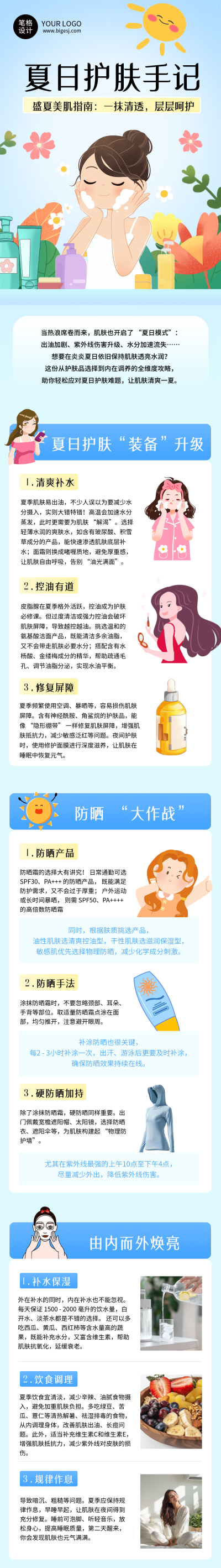 夏季护肤知识科普蓝色简约公众号长图 模板ID：765330