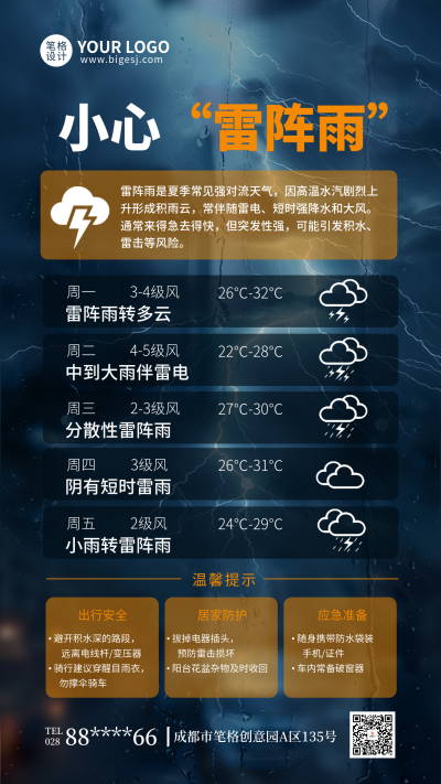 天气预警雷雨简约宣传海报 模板ID：765600