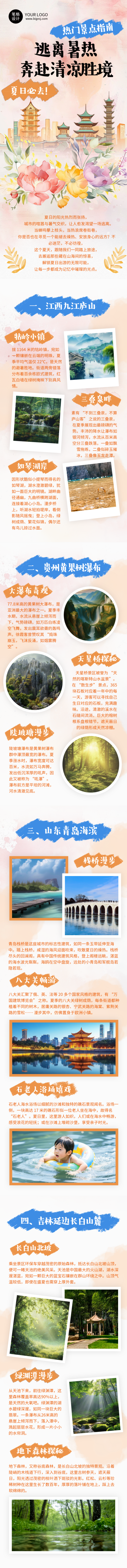 夏季出游热门景点推荐水彩风公众号长图 模板ID：765850