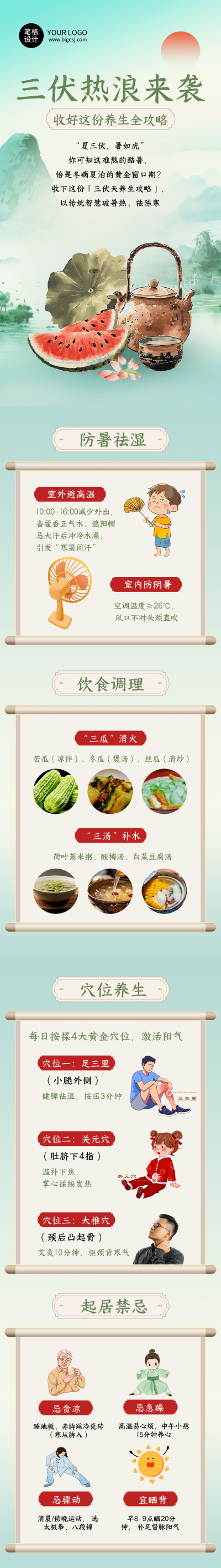 三伏天养生指南知识科普简约公众号长图 模板ID：765847