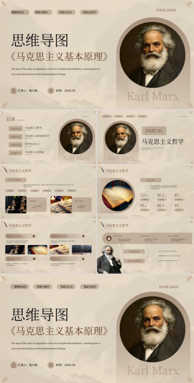 棕色中国风《马克思主义基本原理》思维导图PPT 模板ID:765835
