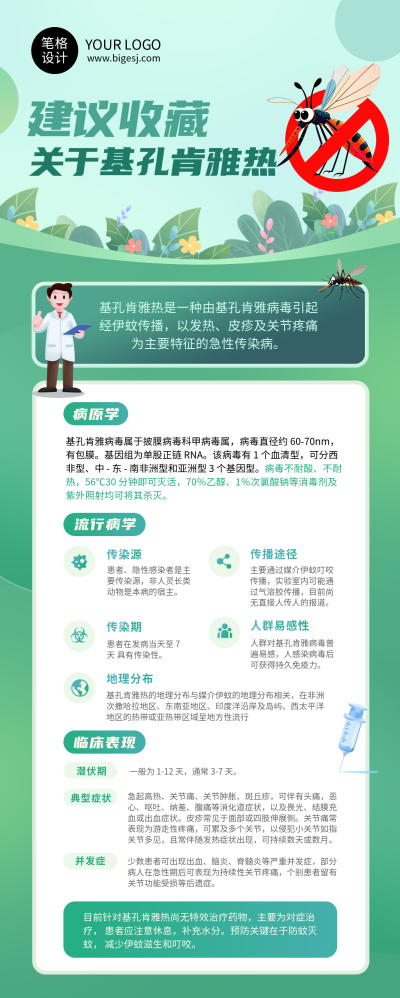 科学预防基孔肯雅热医疗知识科普绿色长图海报 模板ID：766449