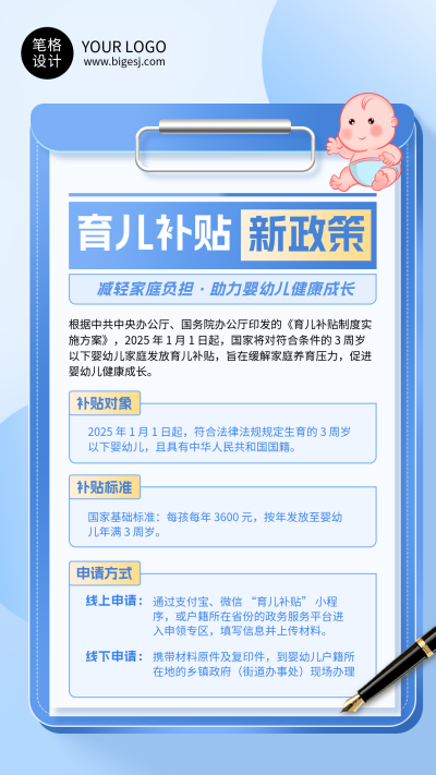 育儿补贴新政科普蓝色简约海报 模板ID:766702