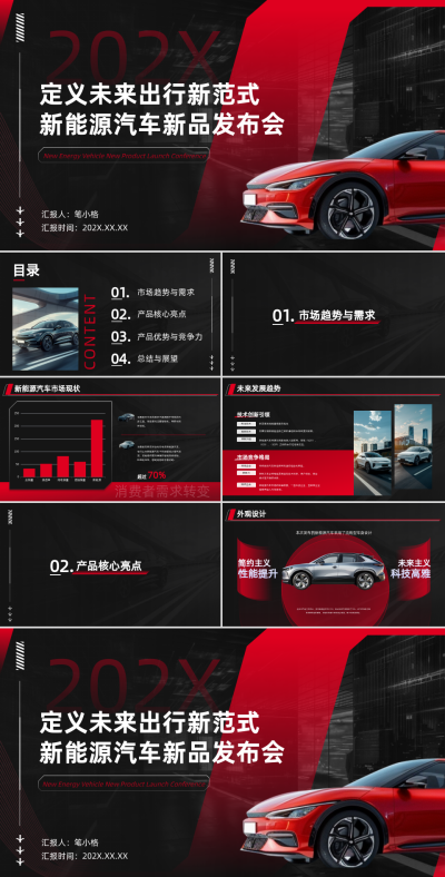 红色科技风新能源汽车产品发布会PPT 模板ID：766737