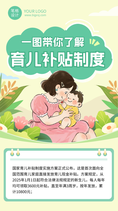 育儿补贴政策解读简约宣传海报 模板ID:766874