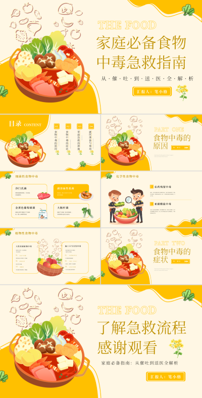 黄色卡通医疗急救措施家庭必备食物中毒急救指南PPT 模板ID：767515