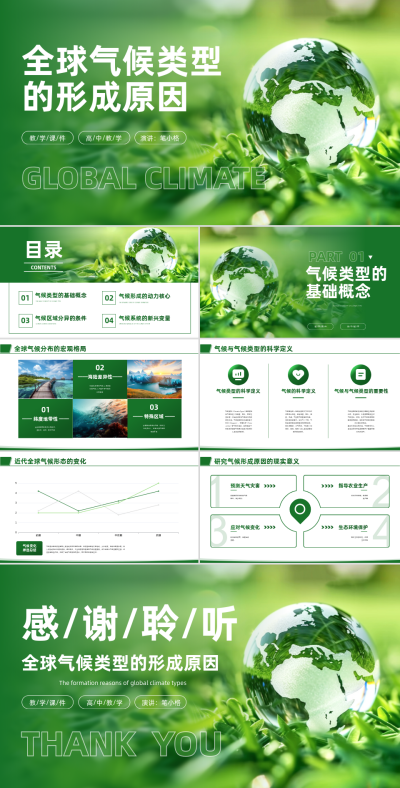 绿色简约风全球气候成因教学课件PPT 模板ID:767560