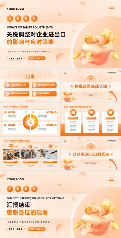 橙色扁平风关税调整对企业进出口的影响与应对策略PPT 模板ID:767616