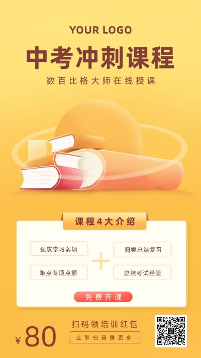 中考冲刺班招生宣传手机海报 模板ID:7141