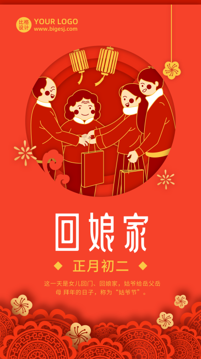 春节大年初二回娘家年俗剪纸风手机海报 模板ID:6827