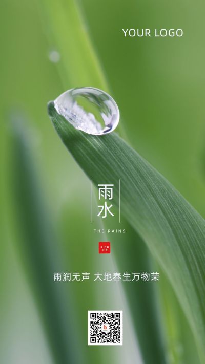 雨水节气实景水滴清新手机海报 模板ID：7049