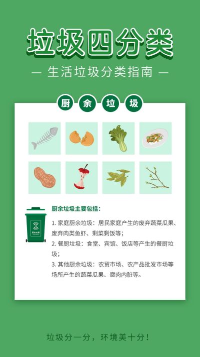 垃圾分类卡通手绘厨余垃圾科普宣传海报 模板ID:7347