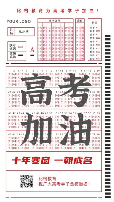 高考加油励志创意答题卡手机海报 模板ID：7418