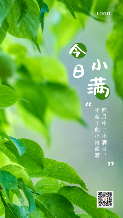 小清新绿叶实景二十四节气小满手机海报 模板ID:12030