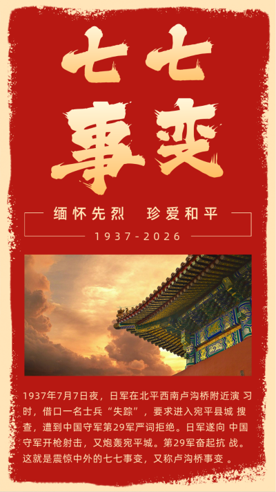 纪念七七事变卢沟桥事变竖版配图 模板ID:14073