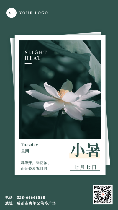 文艺日签小暑节气问候实景手机海报 模板ID:14186