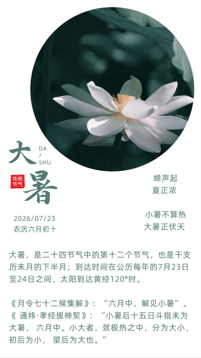 文艺传统二十四节气大暑竖版配图 模板ID：14450