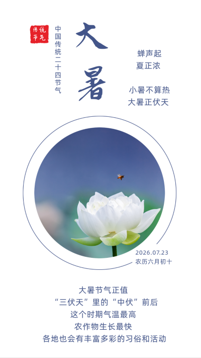 传统二十四节气大暑竖版配图 模板ID：14454