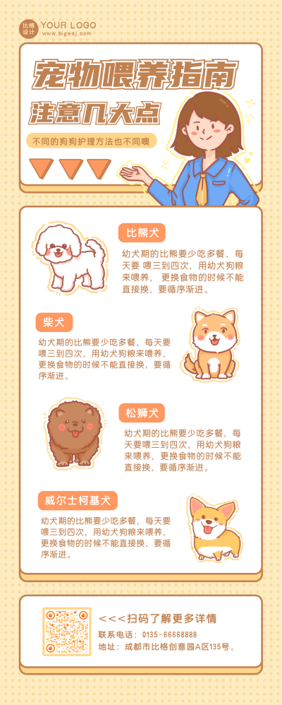 简约扁平手绘宠物喂养指南长图海报 模板ID：17579
