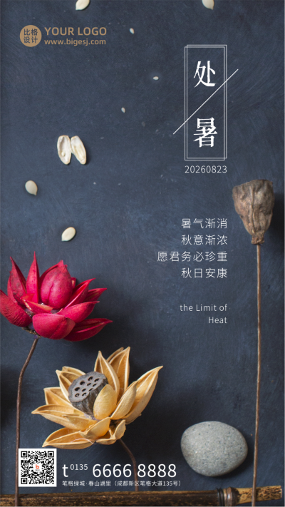 处暑节气荷花实景商务高端大气手机海报 模板ID：18509