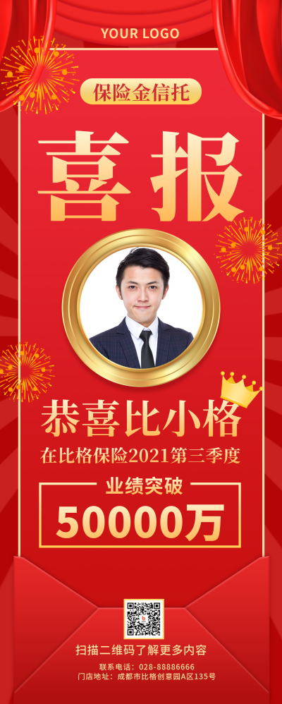红色员工保险销售业绩表彰长图海报 模板ID:18664